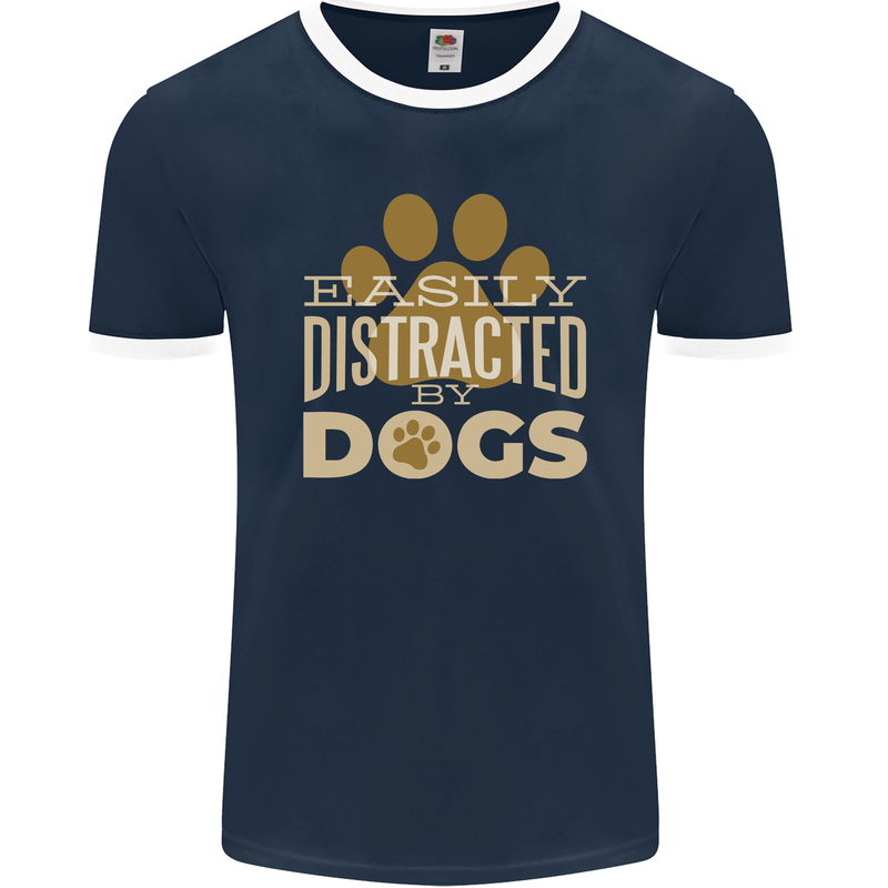 Easily Distracted By Dogs Funny ADHD Mens Ringer T-Shirt FotL Navy Blue/White