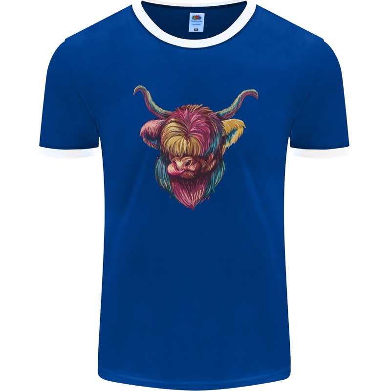 Colourful Highland Cow Mens Ringer T-Shirt FotL Royal Blue/White