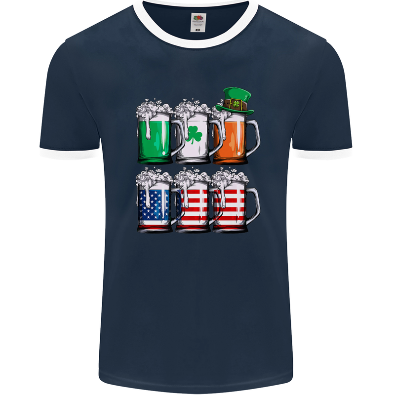 St Patricks Day Beer USA Irish American Mens Ringer T-Shirt FotL Navy Blue/White