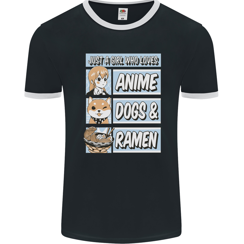 A Girl Who Loves Anime Dogs & Ramen Mens Ringer T-Shirt FotL Black/White