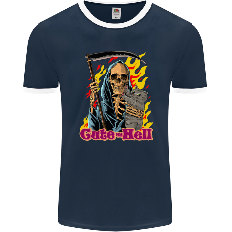 Cute Hell Cat Grim Reaper Skull Halloween Mens Ringer T-Shirt FotL Navy Blue/White