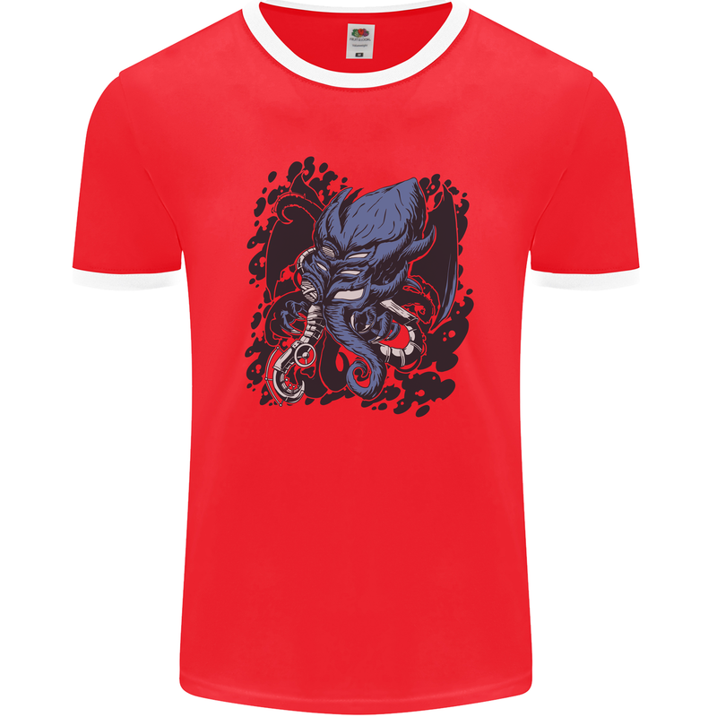 Cyberpunk Cthulhu Kraken Octopus Mens Ringer T-Shirt FotL Red/White