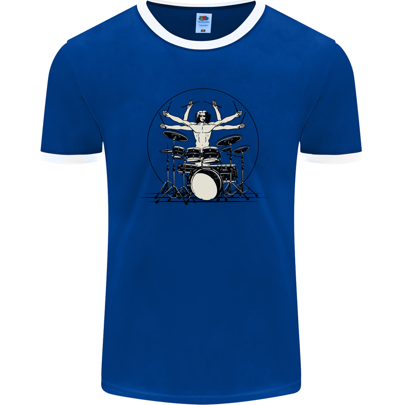 Virtruvian Drummer Funny Drumming Drum Mens Ringer T-Shirt FotL Royal Blue/White