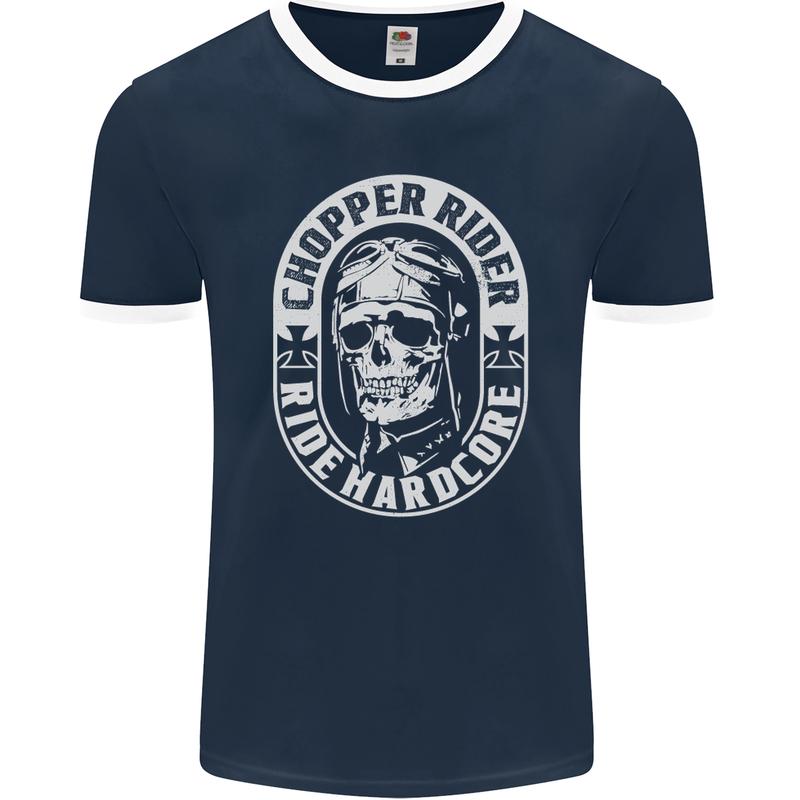 Biker Chopper Rider Motorbike Motorcycle Mens Ringer T-Shirt FotL Navy Blue/White