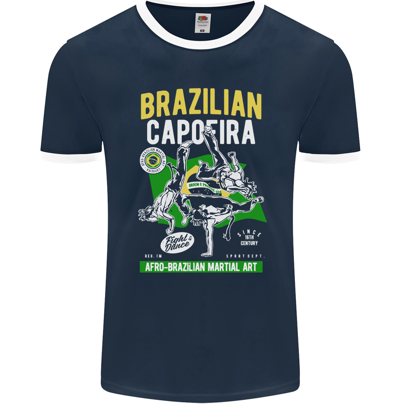 Brazilian Capoeira Mixed Martial Arts MMA Mens Ringer T-Shirt FotL Navy Blue/White