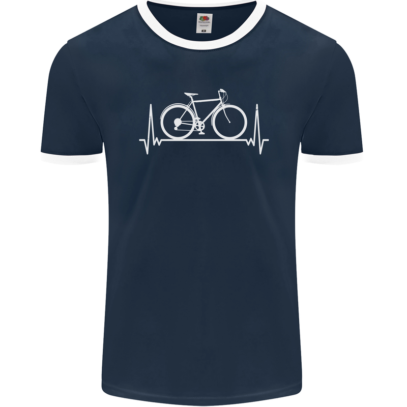 Cycling Heart Beat ECG Bike Bicycle Cyclist Mens Ringer T-Shirt FotL Navy Blue/White