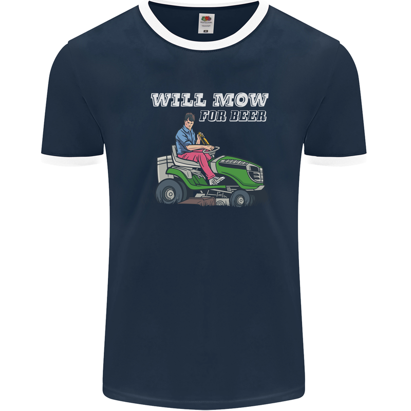 Will Mo the Lawn For Beer Funny Alcohol Mens Ringer T-Shirt FotL Navy Blue/White