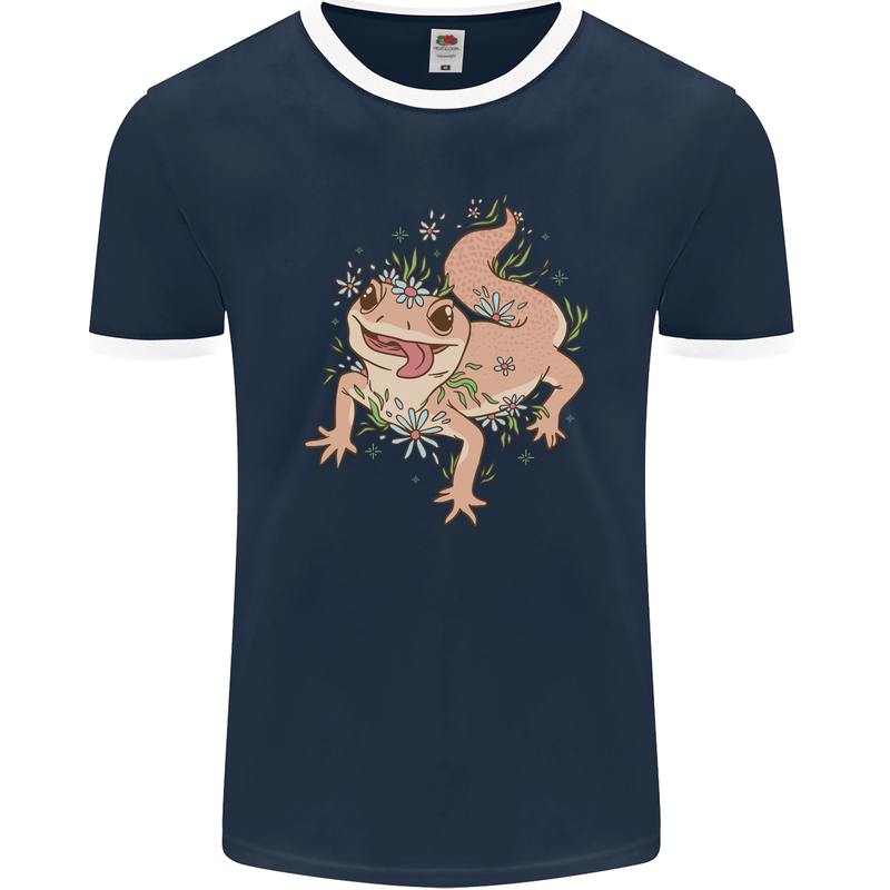 Gekko With Flowers Lizards Mens Ringer T-Shirt FotL Navy Blue/White