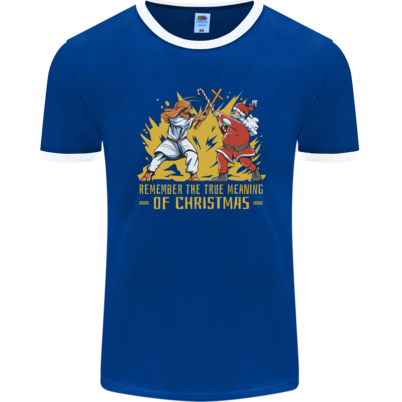 Santa vs Jesus Funny Christmas Xmas Mens Ringer T-Shirt FotL Royal Blue/White