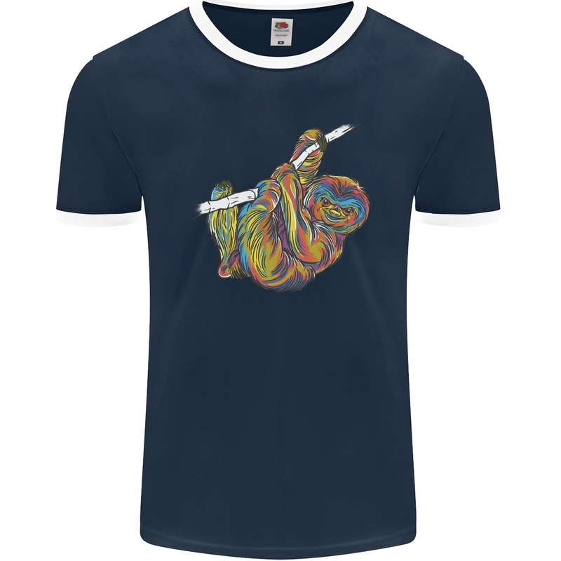 A Colourful Sloth on a Branch Mens Ringer T-Shirt FotL Navy Blue/White