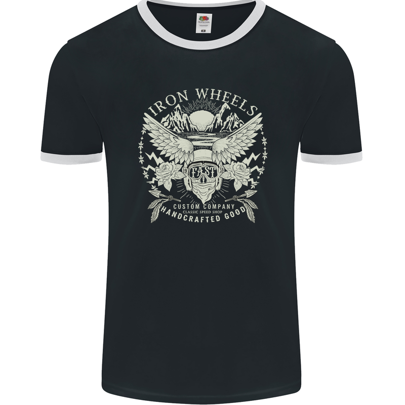 Iron Wheels Biker Motorcycle Motorbike Mens Ringer T-Shirt FotL Black/White