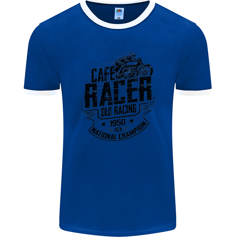 Cafe Racer Old Racing Motorcycle Biker Mens Ringer T-Shirt FotL Royal Blue/White