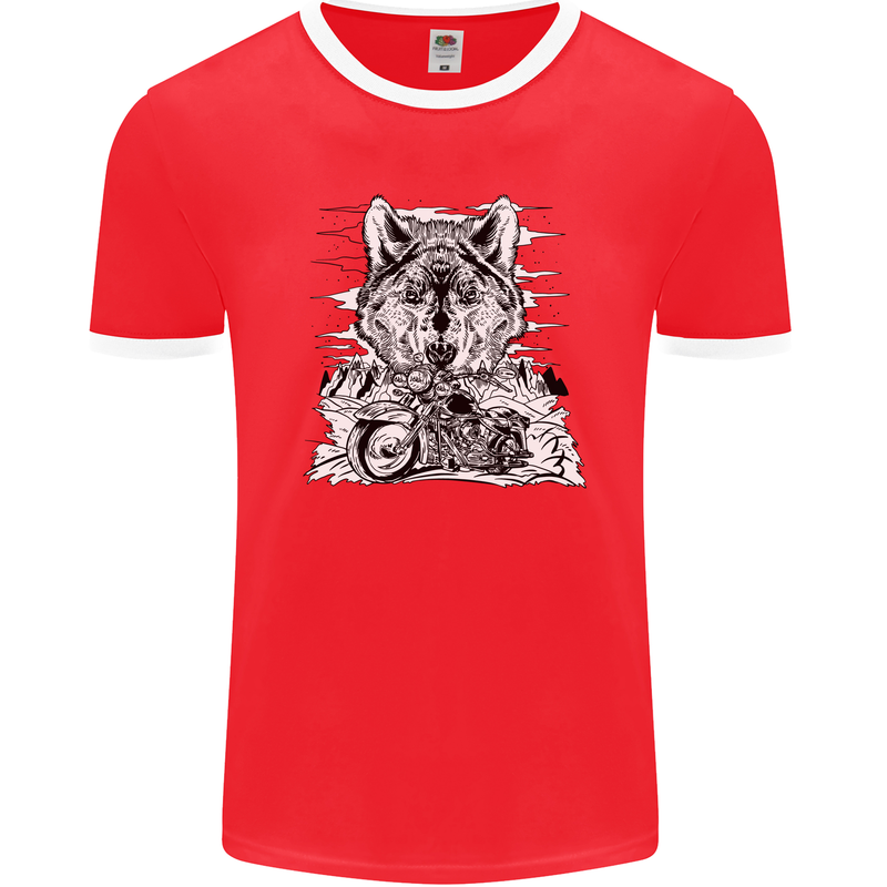 Motorbike Wolf Biker Motorcycle Motorbike Mens Ringer T-Shirt FotL Red/White