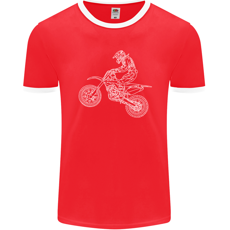 Motocross Line Drawing Dirt Bike MotoX Mens Ringer T-Shirt FotL Red/White