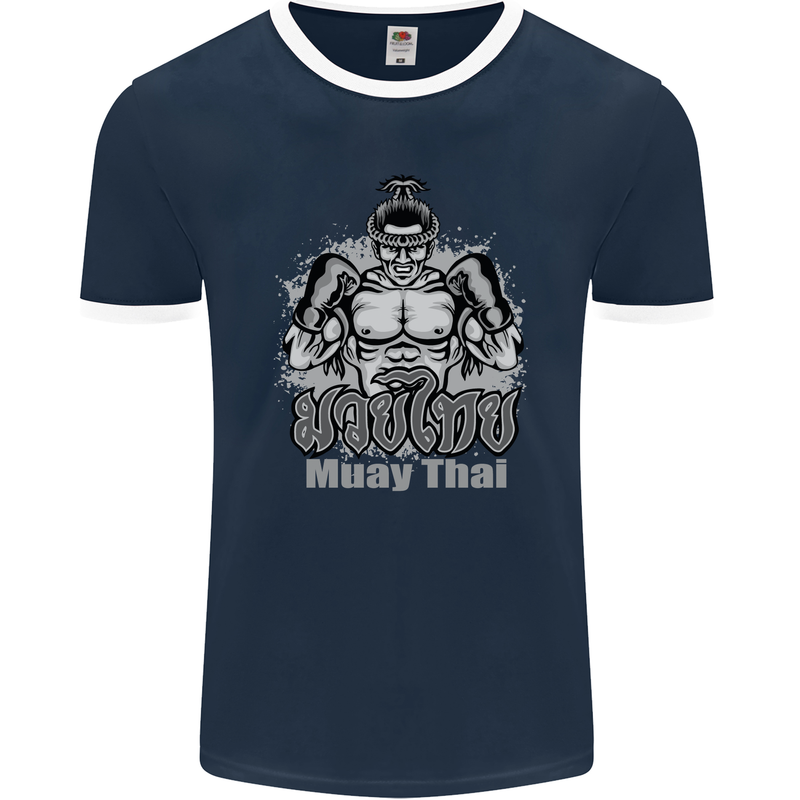 Muay Thai Boxing MMA Martial Arts Kick Mens Ringer T-Shirt FotL Navy Blue/White