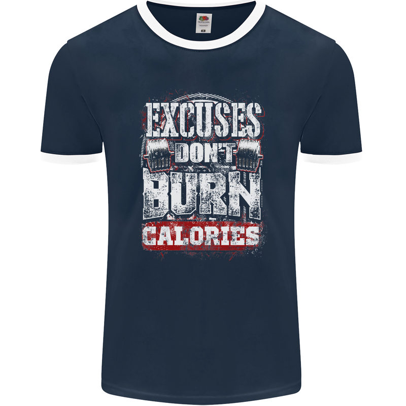 Excuses Calories Gym Training Top Funny Mens Ringer T-Shirt FotL Navy Blue/White