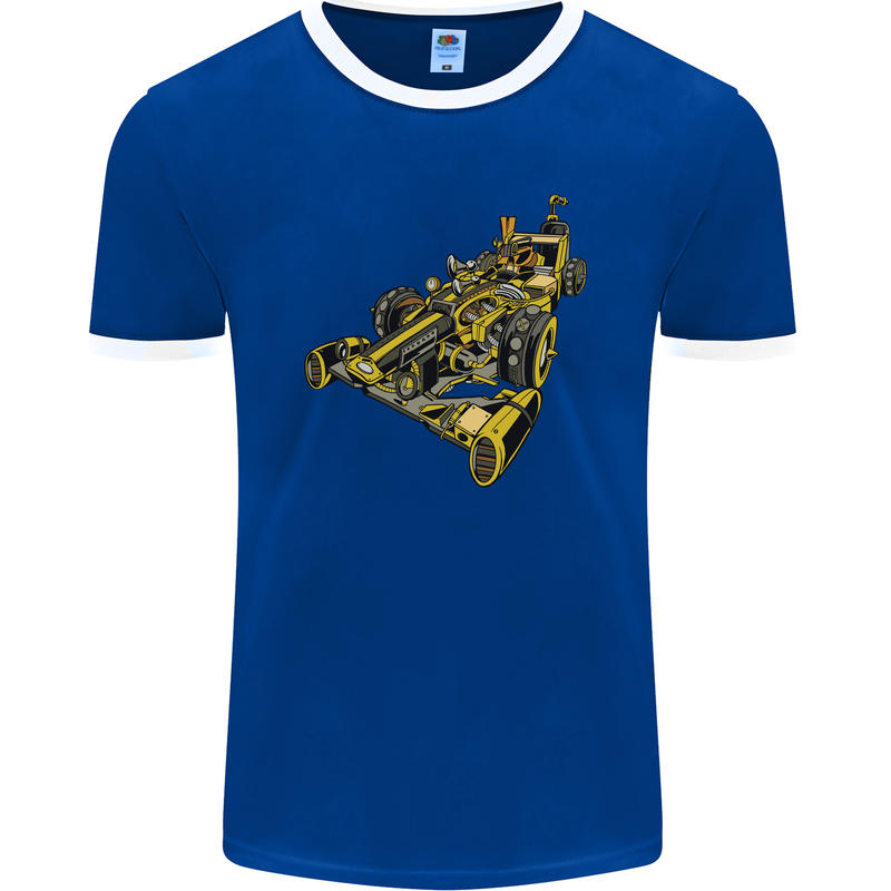 Steampunk Racing Car Mens Ringer T-Shirt FotL Royal Blue/White