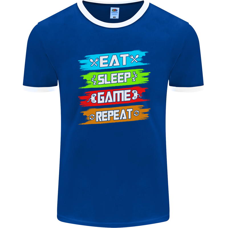 Eat Sleep Game Funny Gamer Gamming Mens Ringer T-Shirt FotL Royal Blue/White