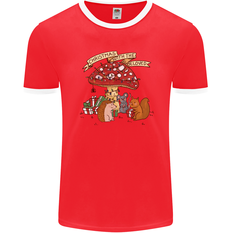 Christmas Hedgehog Toadstool Mouse Mens Ringer T-Shirt FotL Red/White