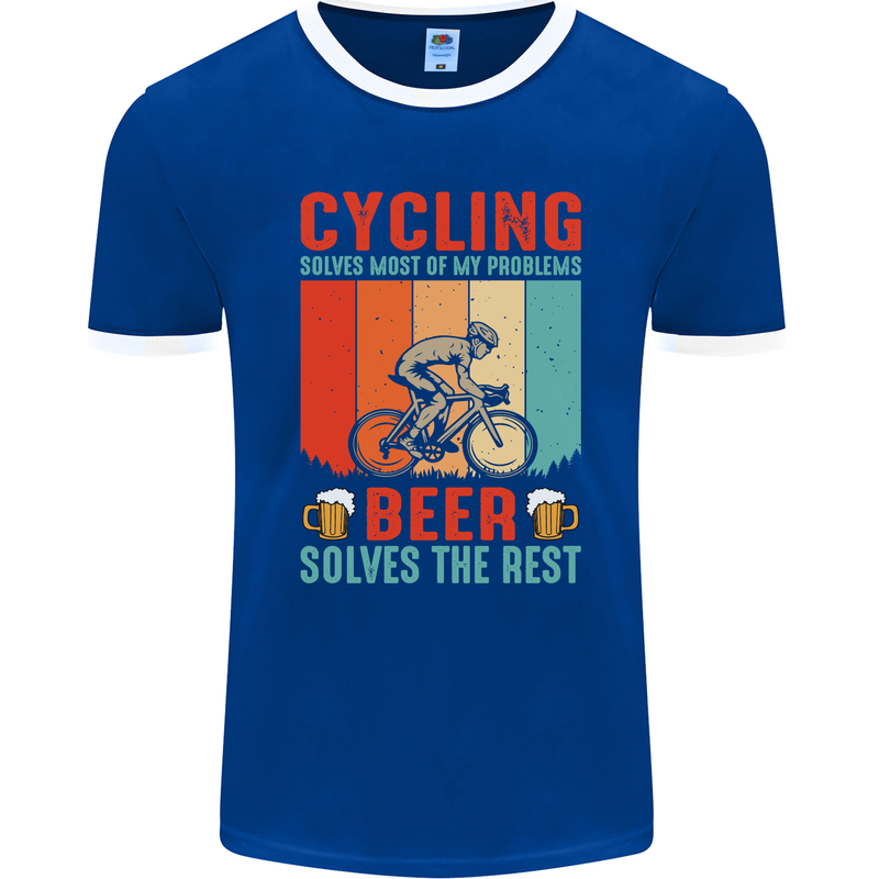 Cycling Funny Beer Cyclist Bicycle MTB Bike Mens Ringer T-Shirt FotL Royal Blue/White