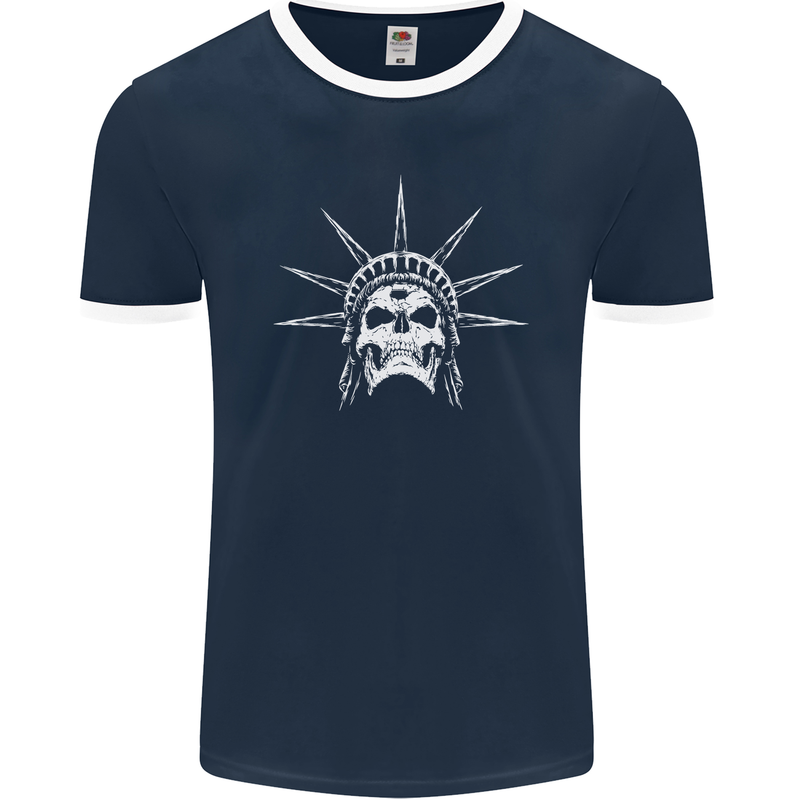 Statue of Liberty Skull USA Gothic Biker Mens Ringer T-Shirt FotL Navy Blue/White