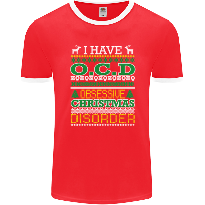 OCD Obsessive Christmas Disorder Mens Ringer T-Shirt FotL Red/White