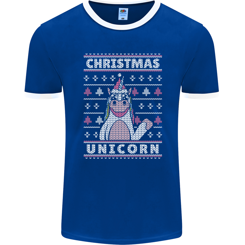 Funny Christmas Unicorn Pattern Mens Ringer T-Shirt FotL Royal Blue/White