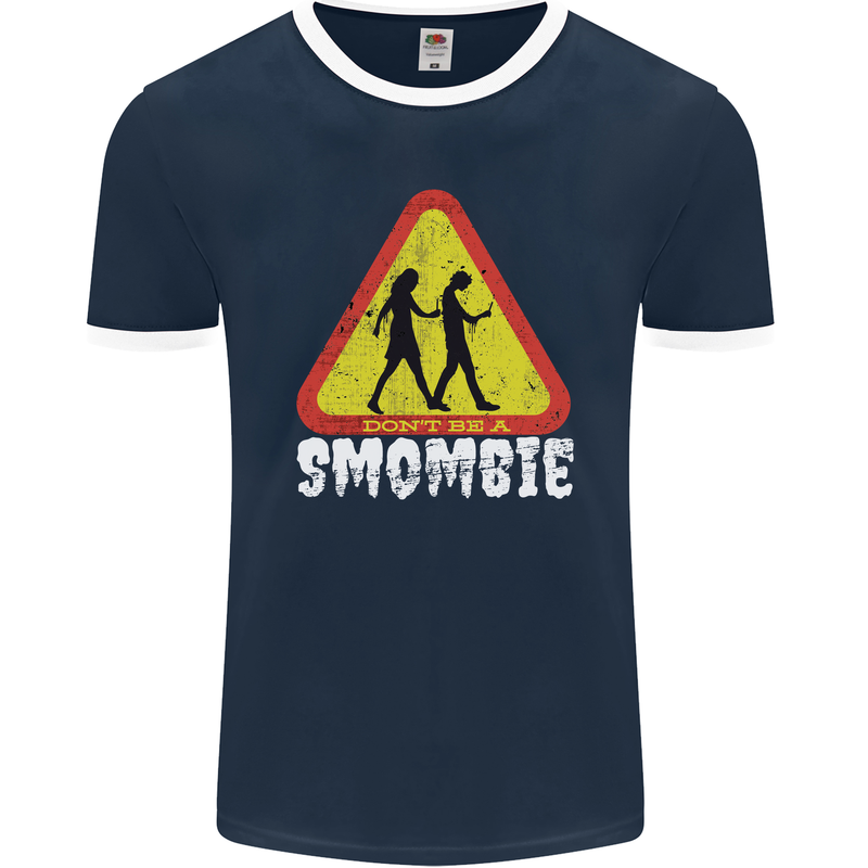 Smombie Antisocial Phone Addict Smartphone Mens Ringer T-Shirt FotL Navy Blue/White
