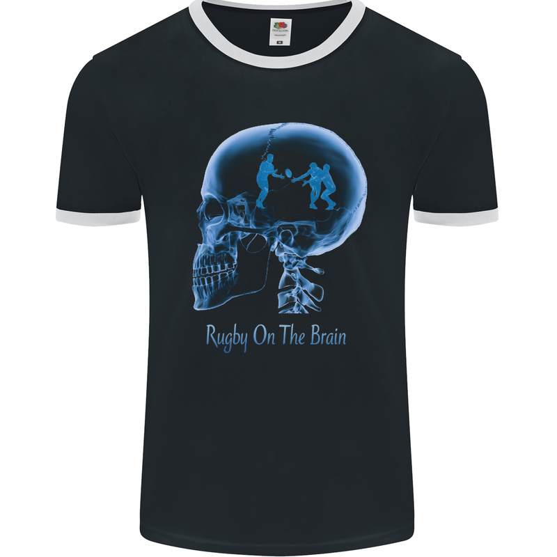 Rugby on the Brain Funny Union Player Mens Ringer T-Shirt FotL Black/White