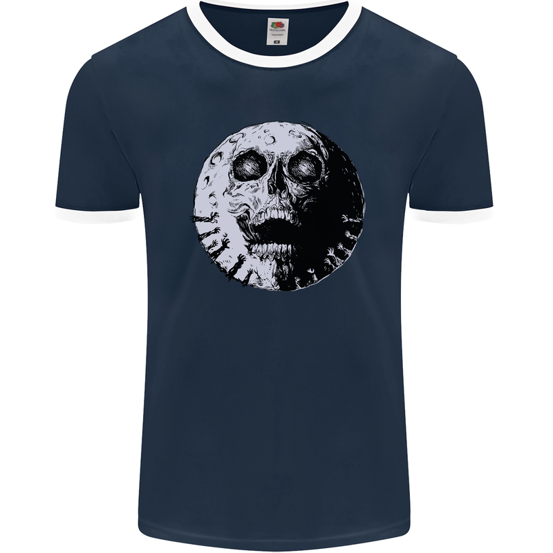 Skull Moon Gothic Halloween Zombie Biker Mens Ringer T-Shirt FotL Navy Blue/White