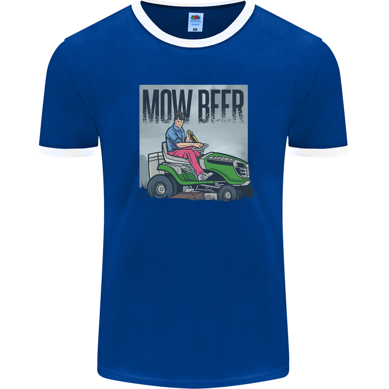 Mow Beer Funny Lawnmower Alcohol Gardening Mens Ringer T-Shirt FotL Royal Blue/White