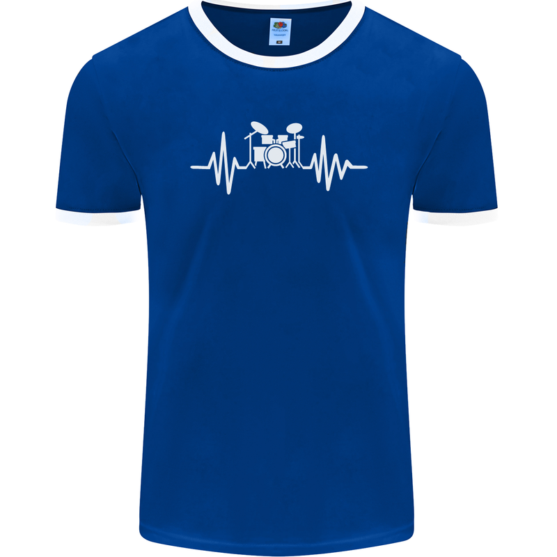 Drum Kit Pulse ECG Drum Drummer Drumming Mens Ringer T-Shirt FotL Royal Blue/White