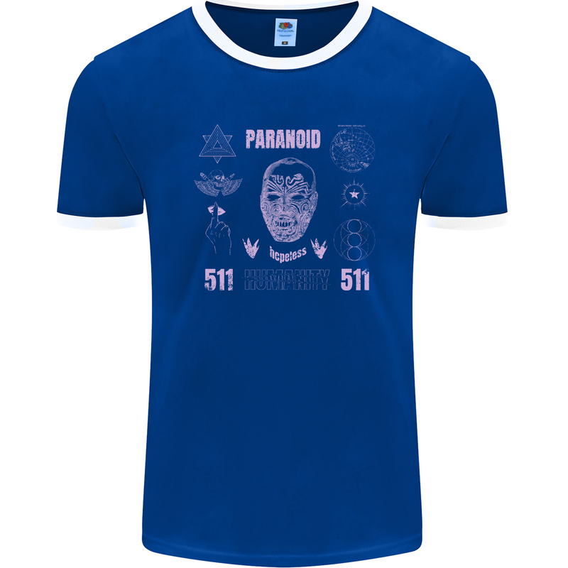 Paranoid Conspiracy Skull Mens Ringer T-Shirt FotL Royal Blue/White