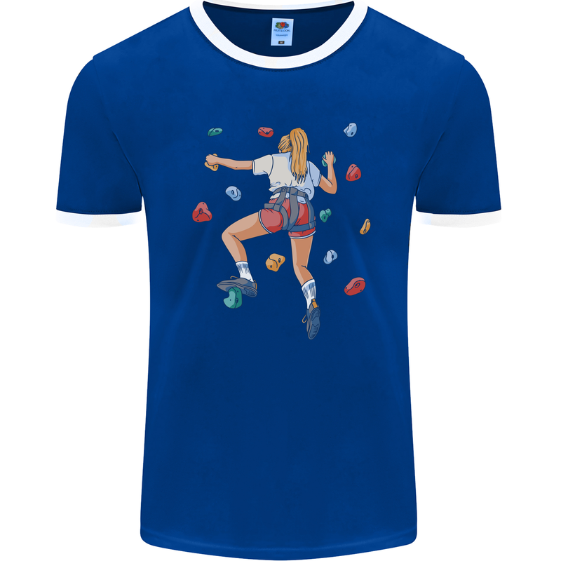 Female Rock Climber Climbing Wall Mens Ringer T-Shirt FotL Royal Blue/White