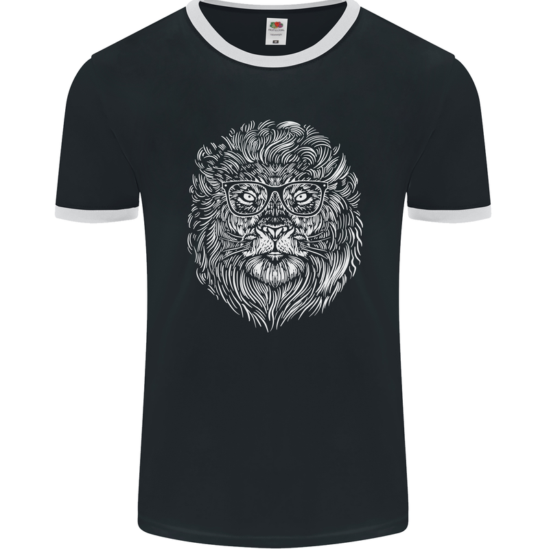 Funny Hipster Lion Mens Ringer T-Shirt FotL Black/White