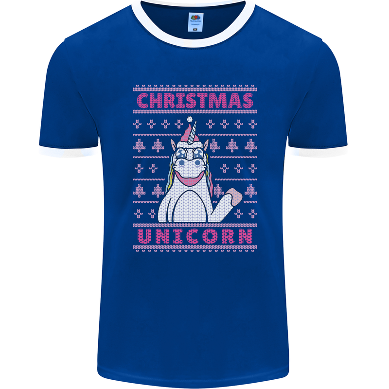 Funny Christmas Unicorn Mens Ringer T-Shirt FotL Royal Blue/White