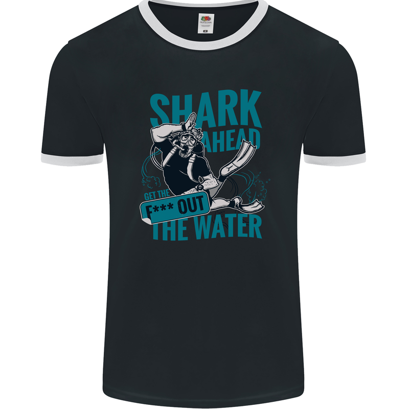 Shark Ahead Funny Diver Scuba Diving Mens Ringer T-Shirt FotL Black/White