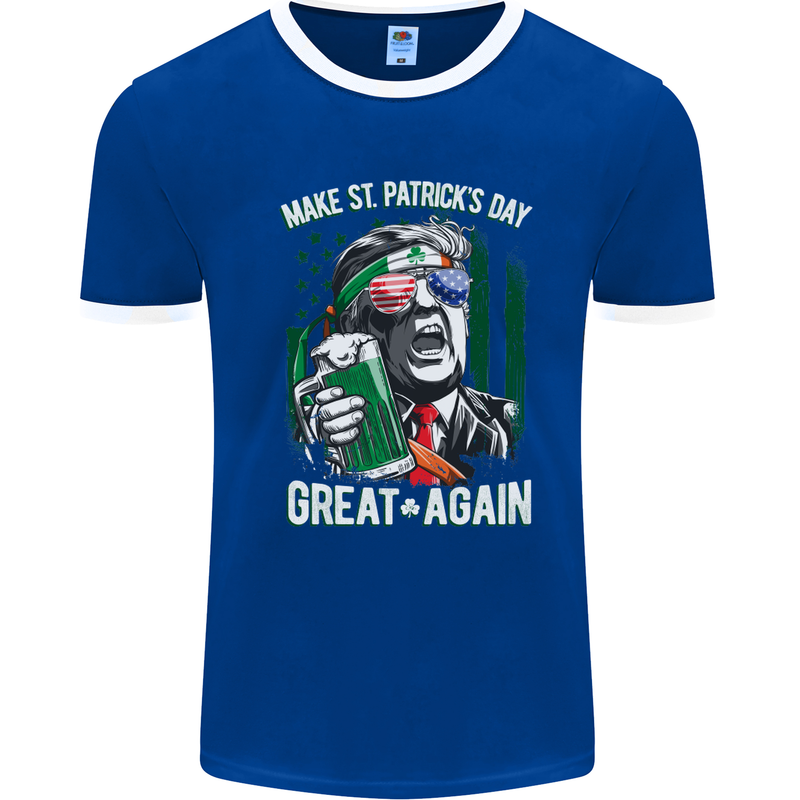 St Patricks Day Great Again Donald Trump Mens White Ringer T-Shirt Royal Blue/White