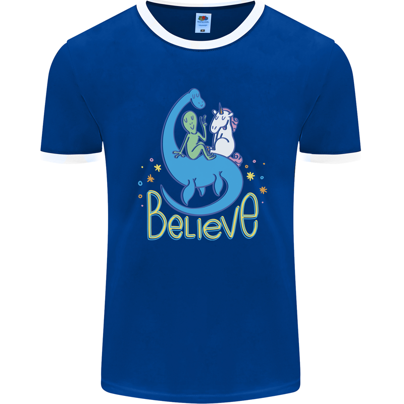 Believe in Dragons Unicorns Aliens Funny Mens Ringer T-Shirt FotL Royal Blue/White