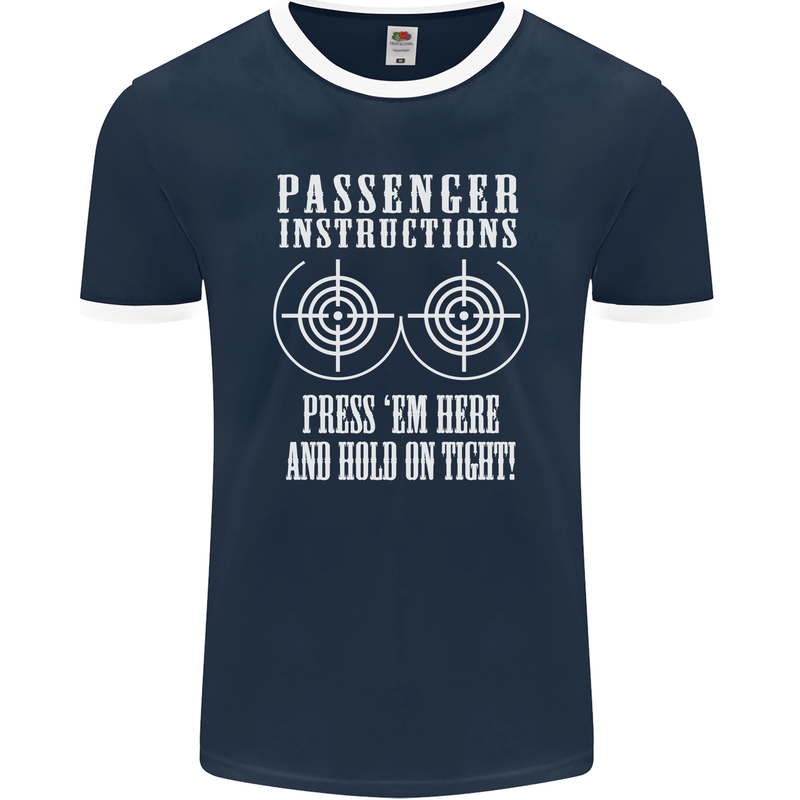 Biker Passenger Instructions Motorcycle Mens Ringer T-Shirt FotL Navy Blue/White