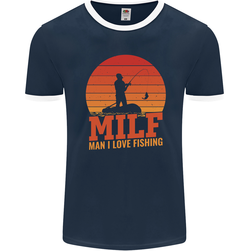 MILF Fishing Funny Fisherman Father's Day Mens Ringer T-Shirt FotL Navy Blue/White