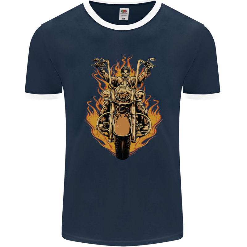 Skeleton Motorcycle Rider Mens Ringer T-Shirt FotL Navy Blue/White