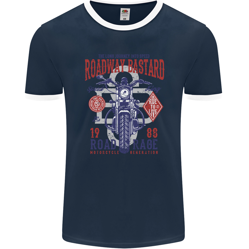 Roadway Bastard Motorcycle Biker Motorbike Mens Ringer T-Shirt FotL Navy Blue/White