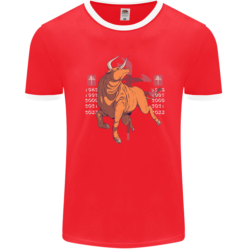 Chinese Zodiac Shengxiao Year of the Ox Mens Ringer T-Shirt FotL Red/White