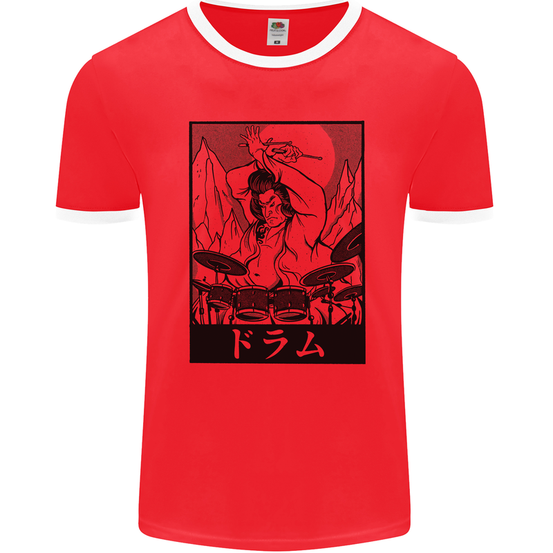 Sumo Wrestler Drummer Drumming Drum Mens Ringer T-Shirt FotL Red/White