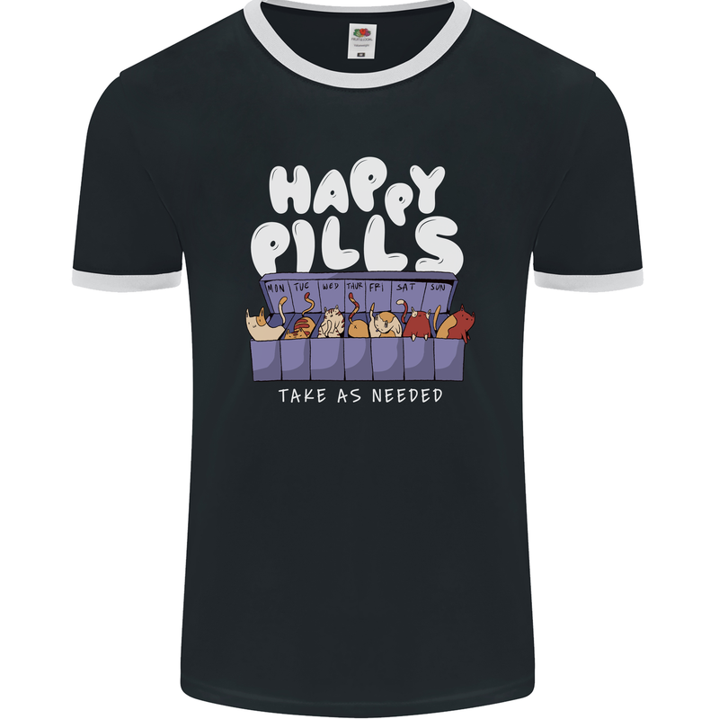 Cats Happy Pills Antidepressant Mens Ringer T-Shirt FotL Black/White