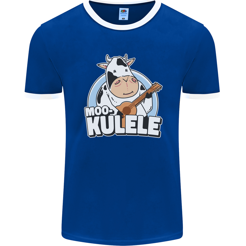 Mookulele Funny Cow Playing Ukulele Guitar Mens Ringer T-Shirt FotL Royal Blue/White