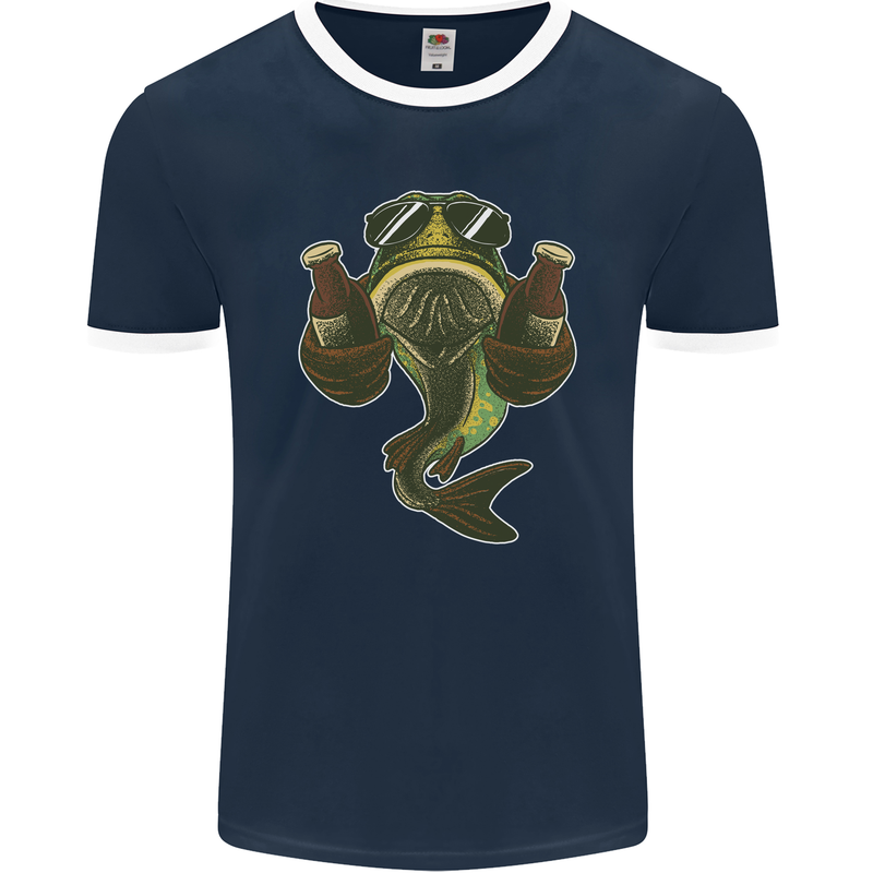 A Pike Fish With Beer Fishing Fisherman Mens Ringer T-Shirt FotL Navy Blue/White