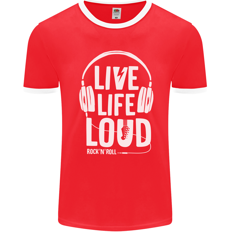 Music Live Life Loud Rock n Roll Guitar Mens Ringer T-Shirt FotL Red/White