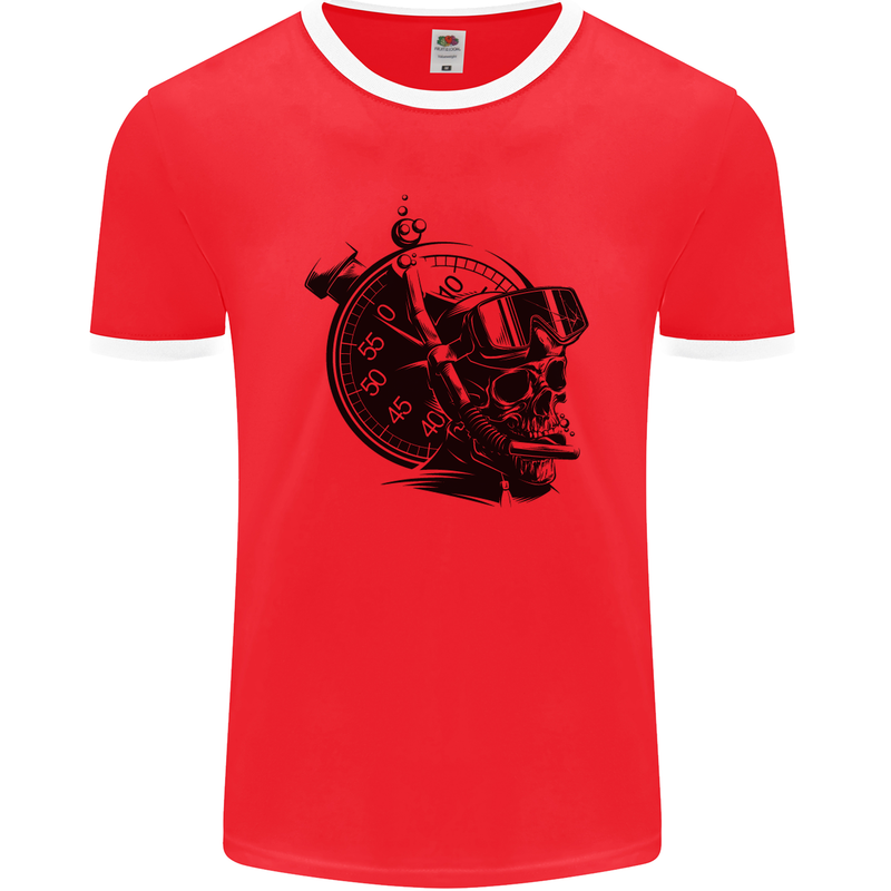 Scuba Diving Skull Diver Dive Deep Sea Mens Ringer T-Shirt FotL Red/White